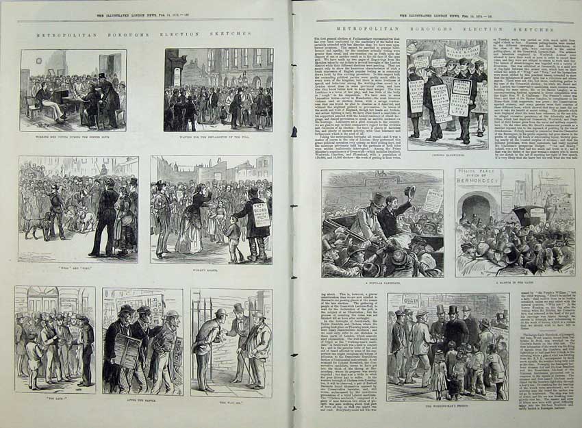 Old Antique Print 1874 Metropolitan Borough Elections Chelsea Voting Men 19th