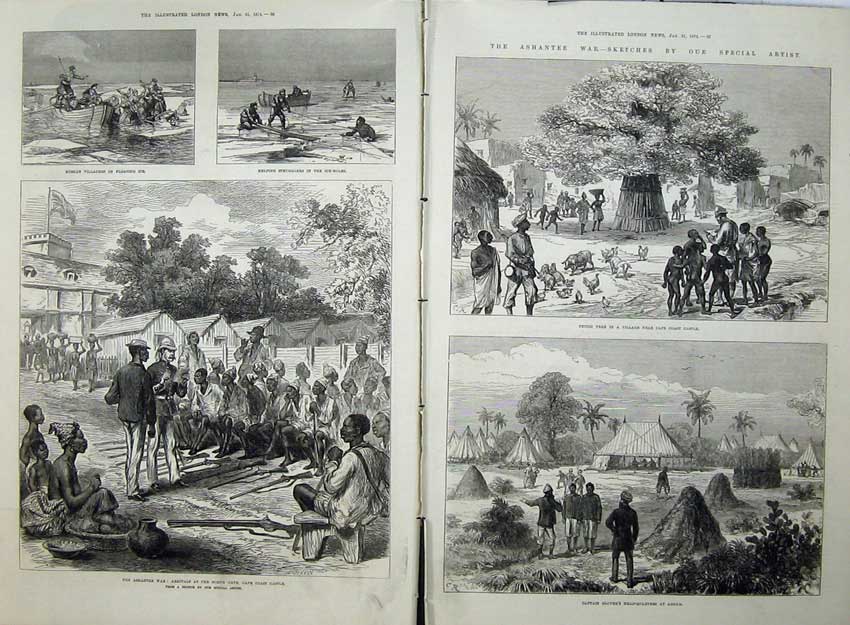 Antique Old Print 1874 Ashantee War Cape Coast Castle Captain Glover Army 19th