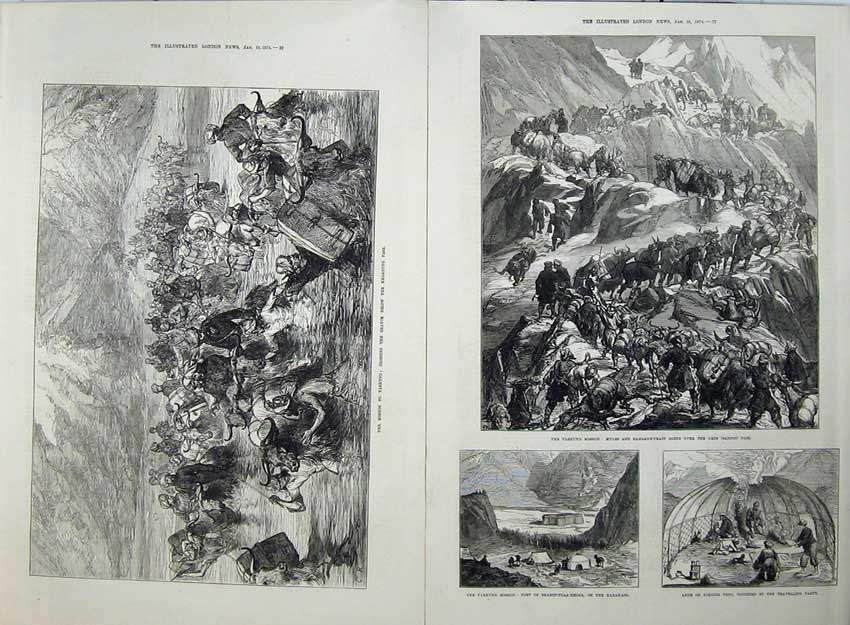 Antique Old Print 1874 Yarkund Mission River Shayok Kirghiz Fort Karakash 19th