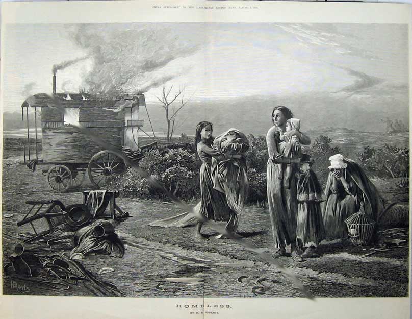 Original Old Antique Print 1874 Fine Art Homeless Women Children Fire Waggon