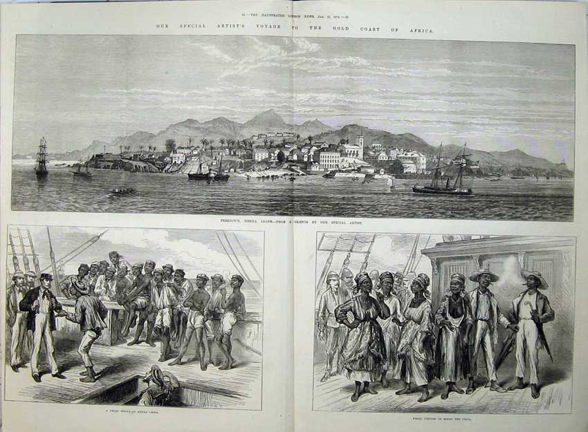 Old Antique Print 1874 Africa Freetown Sierra Leone Negro Men Volta Ship 19th