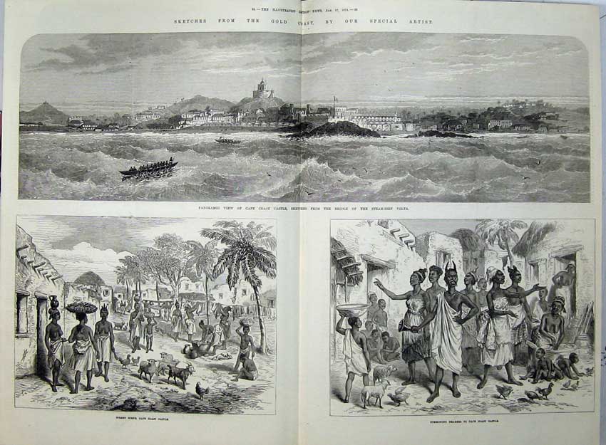 Original Old Antique Print GCoast 1874 Cape Castle Steam Ship Volta Sheep Bird