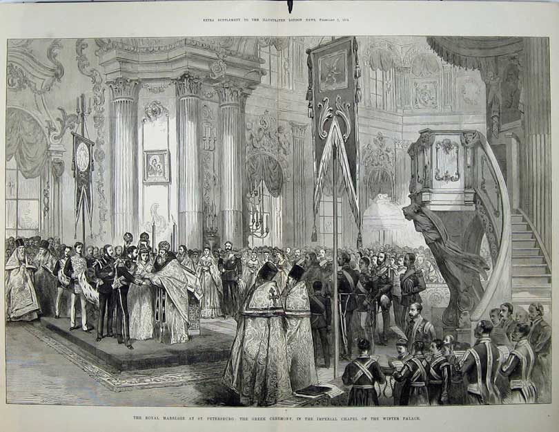 Old Antique Print 1874 Marriage Petersburg Greek Ceremony Winter Palace 19th