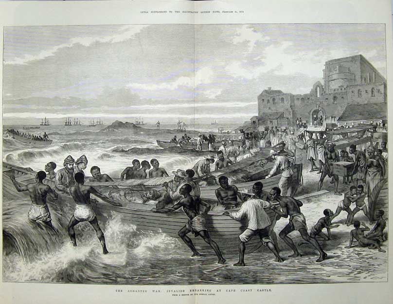 Old Antique Print 1874 Ashantee War Invalids Embarking Cape Coast Castle 19th