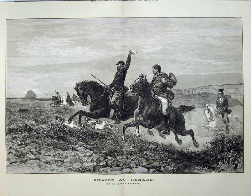 Original Old Antique Print 1874 Fox Hunting France Horses Men Fine Art Regamey
