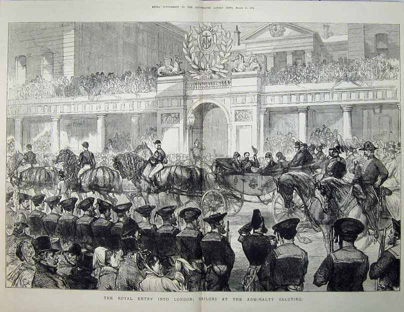 Antique Old Print 1874 Royal Procession London Sailors Admiralty Saluting 19th