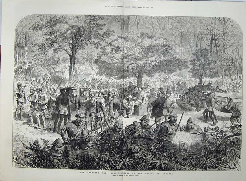 Original Old Antique Print Ashantee War 1874 Head-Quarters Battle Amoaful Army