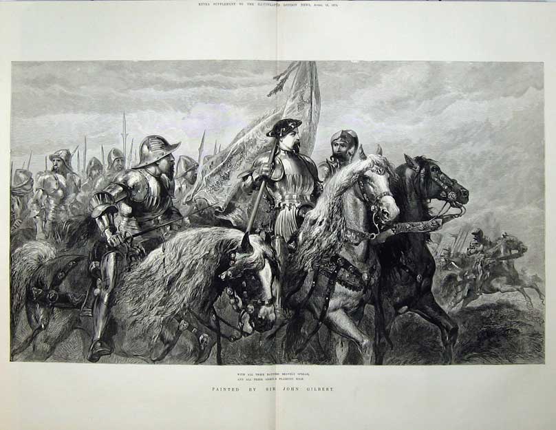 Old Antique Print 1874 Fine Art John Gilbert Army Horses Knight Armour 19th