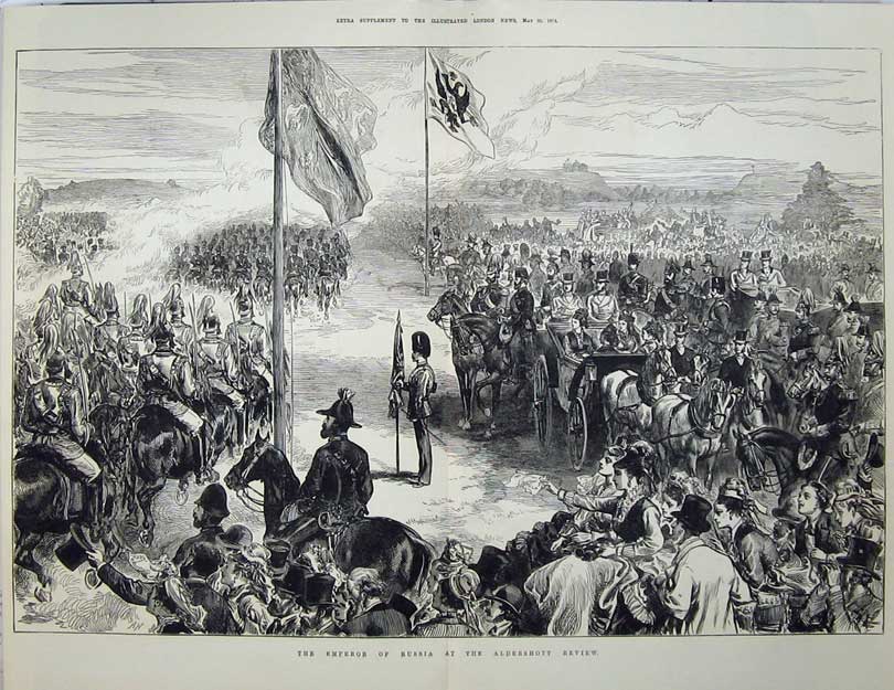 Original Old Antique Print 1874 Emperor Russia Aldershot Review Army War 19th