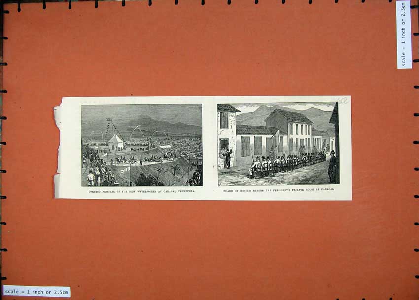 Original Old Antique Print 1874 Festival Waterworks Caracus Venezuela President