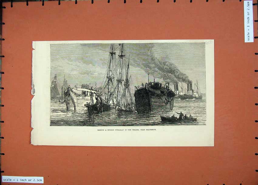 Old Antique Print 1874 Raise Sunken Indiaman Ship River Thames Gravesend 19th
