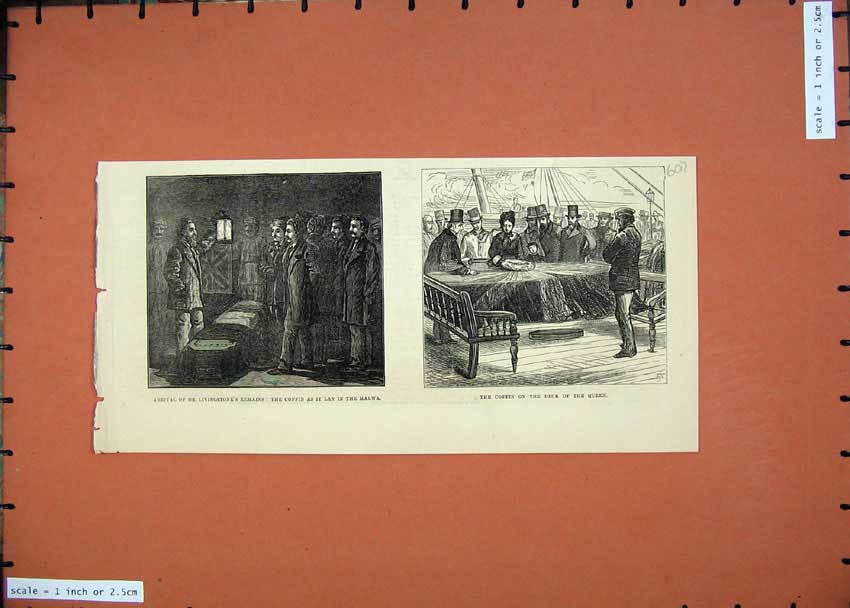 Old Antique Print 1874 Dr Livingstones Body Coffin Malwa Deck Ship Queen 19th