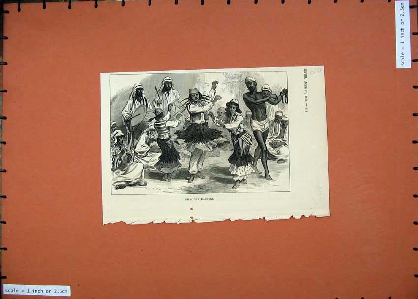 Original Old Antique Print Scene Gipsy Boy Girl Dancers Music Natives 1874 19th