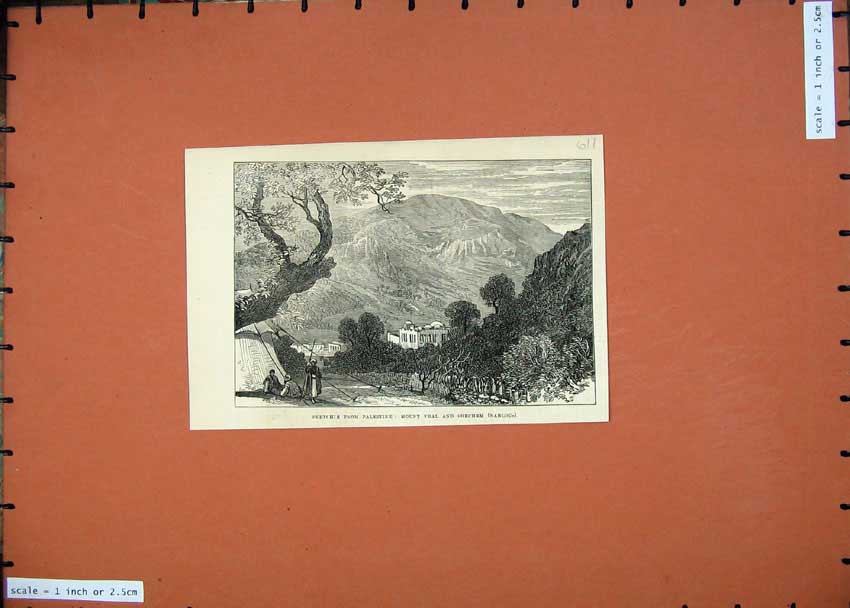 Old Antique Print 1874 Palestine Mount Ebal Shechem Nablous Mountains Art 19th