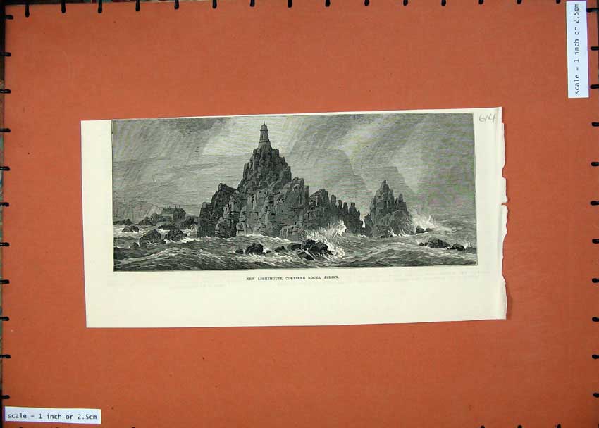 Original Old Antique Print 1874 View New Lighthouse Corbiere Rocks Jersey Storm