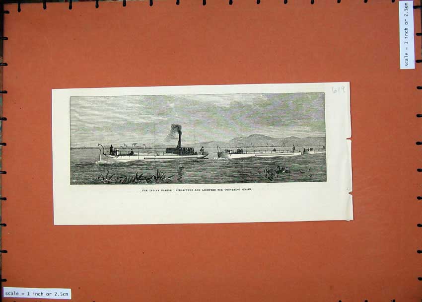 Original Old Antique Print 1874 Indian Famine Steam Tugs Lighters Grain Ship