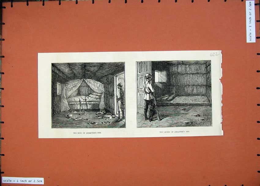 Original Old Antique Print 1874 King Ashantees Bed Queen House Sier Victorian