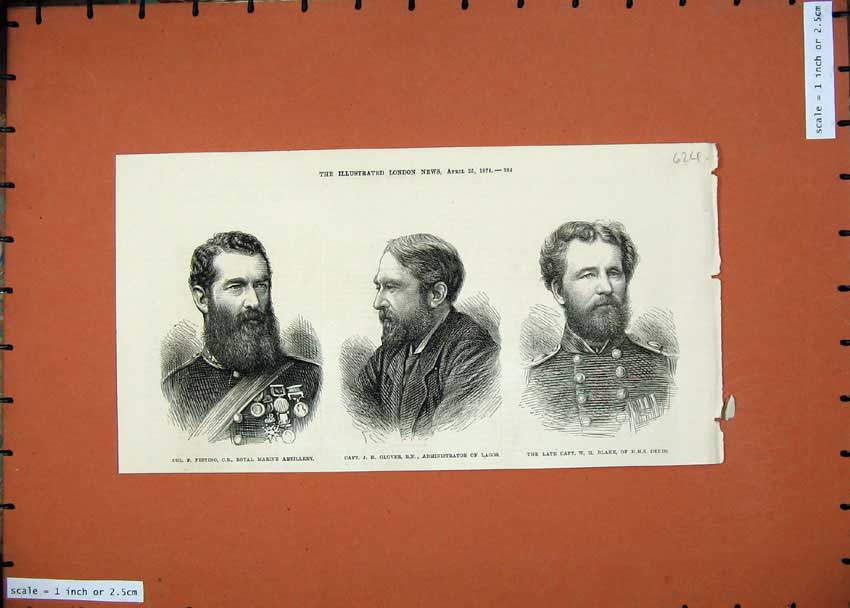Old Antique Print 1874 Festing Royal Marine Glover Lagos Blake Druid Men 19th