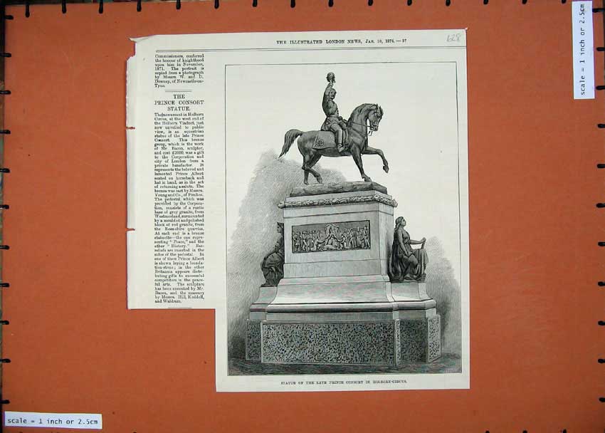 Old Antique Print 1874 Statue Late Prince Cosort Holborn Circus Horse Man 19th