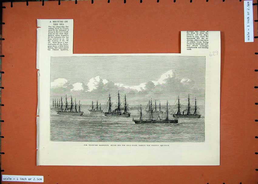 Original Old Antique Print 1874 Transport Sarmatian GCoast Channel Ships 19th