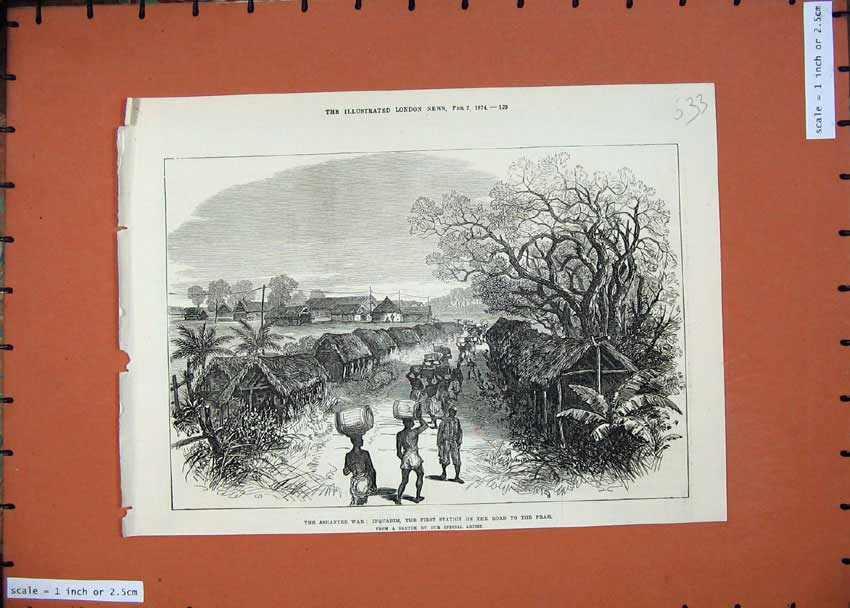 Original Old Antique Print 1874 Ashantee War Inquabim Station Road Prah Natives