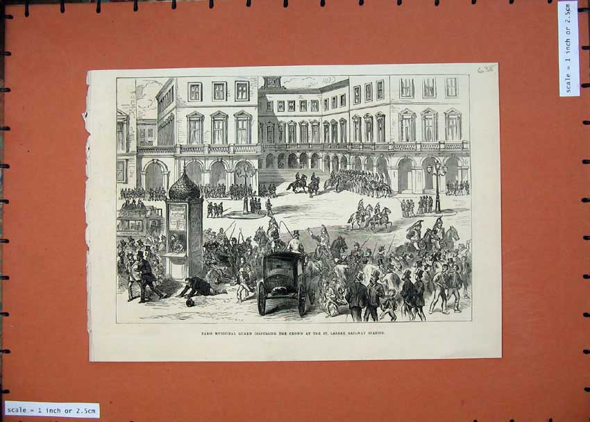 Original Old Antique Print 1874 Paris Municipal Guard St Lazare Railway Station