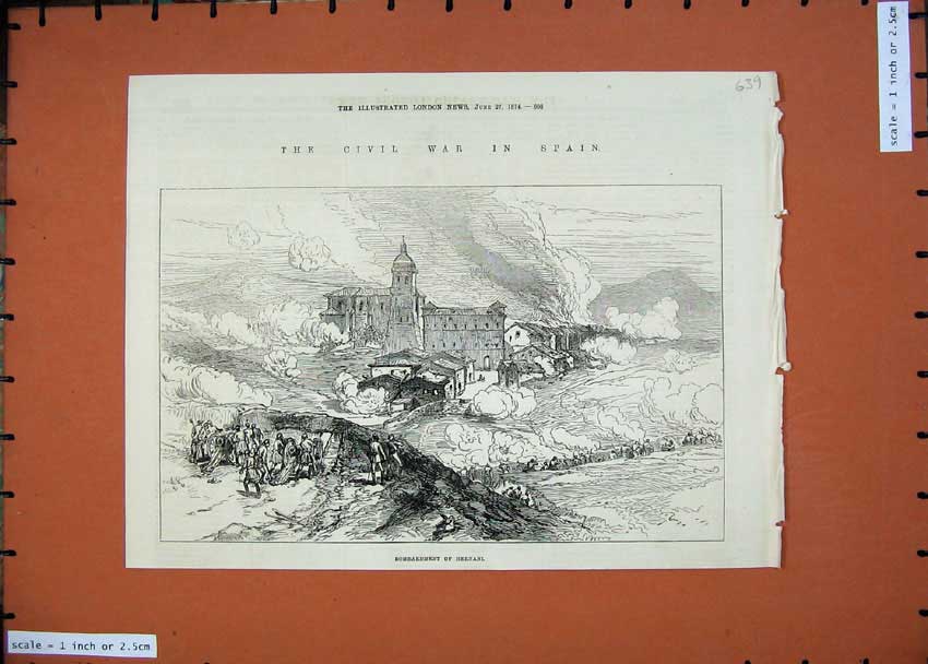 Original Old Antique Print Civil War Spain 1874 Bombardment Hernani Battle Army