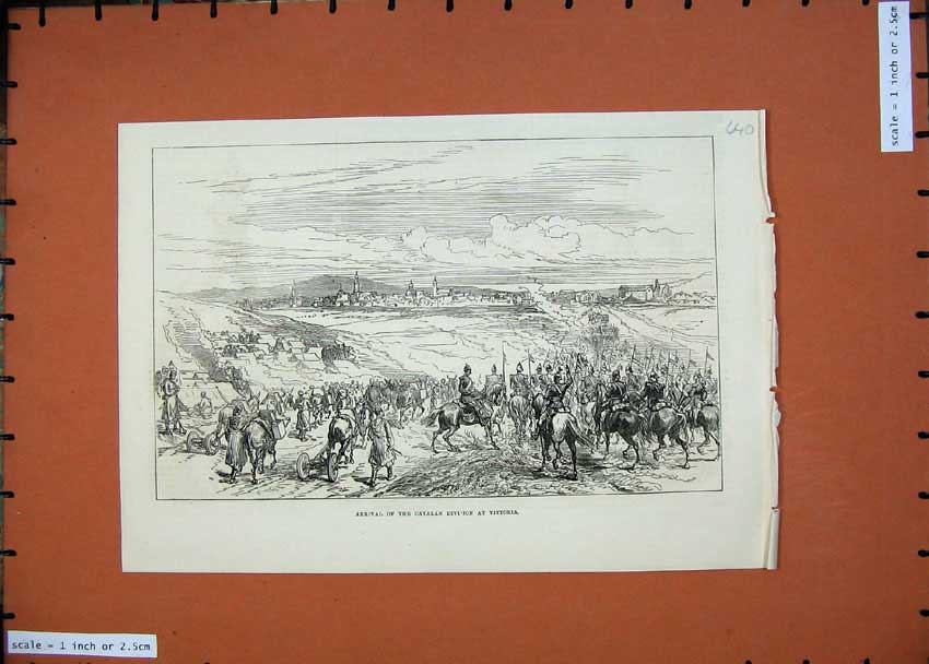 Original Old Antique Print 1874 Arrival Catalan Division Vittoria War Army 19th