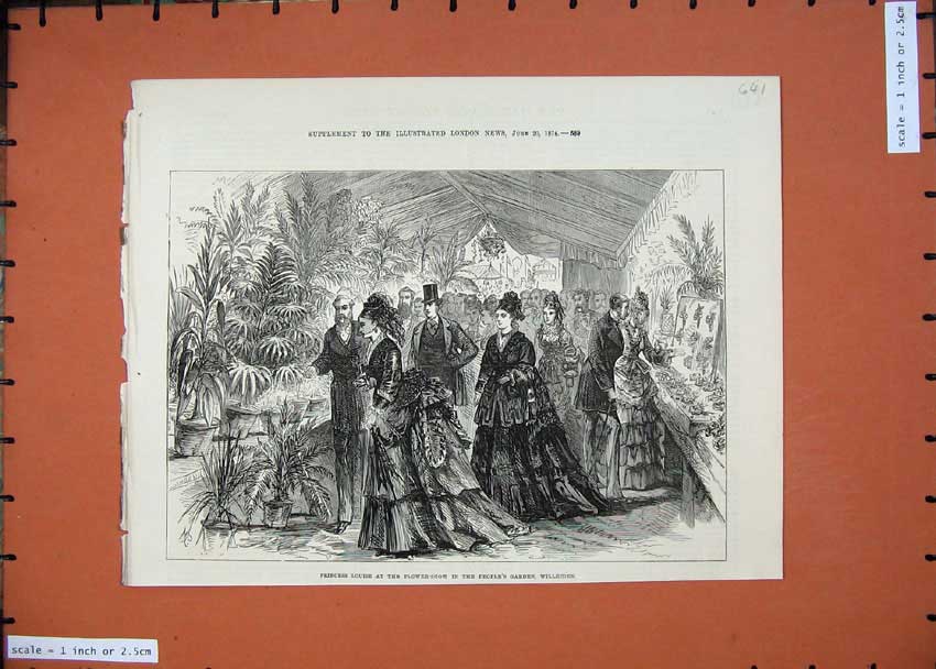 Original Old Antique Print 1874 Princess Louise Flower Show Garden Willesden