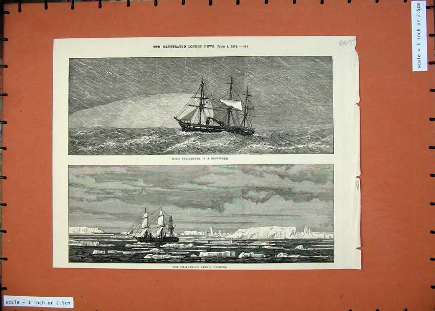 Original Old Antique Print 1874 Ship Challenger Snowstorm Icebergs Sailing Art