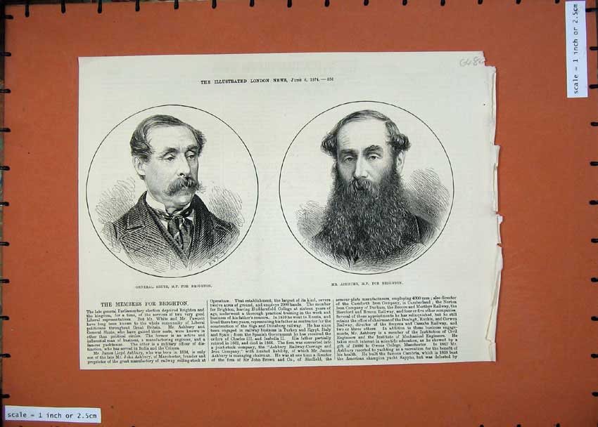Old Antique Print 1874 General Shute Brighton Ashbury Parliament Men Art 19th