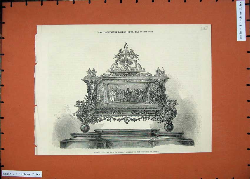 Original Old Antique Print 1874 Casket City London Address Emperor Russia 19th
