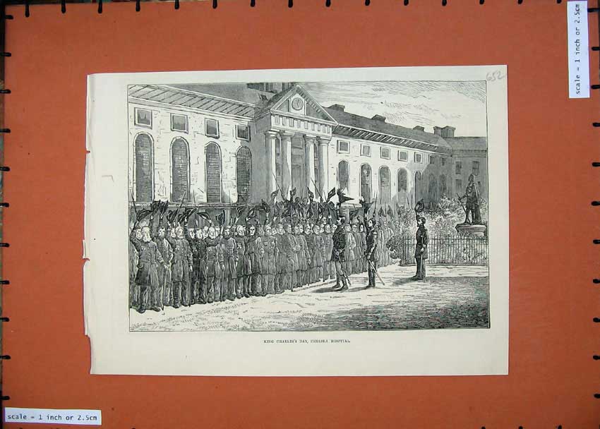 Original Old Antique Print 1874 King Charles Day Chelsea Hospital Army 19th