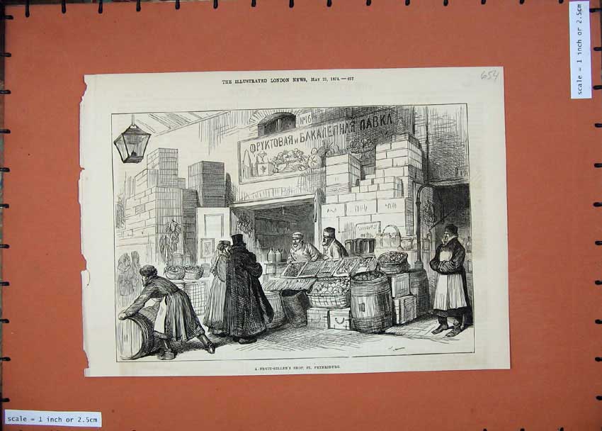 Old Antique Print 1874 Fruit Sellers Shop St Petersburg Market People Art 19th