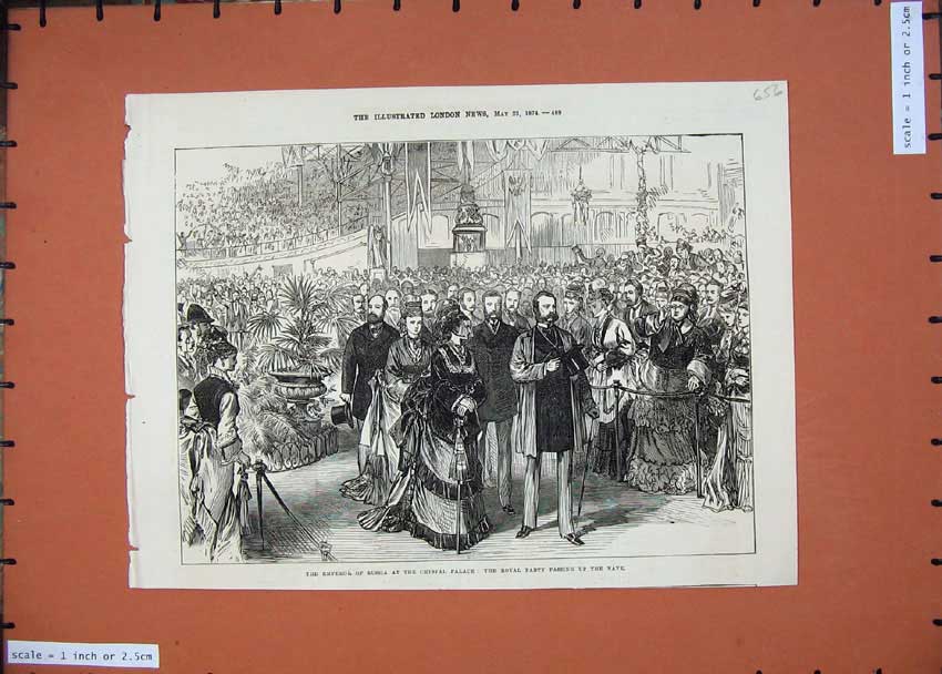 Original Old Antique Print 1874 Emperor Russia Crystal Palace Royal Party Nave