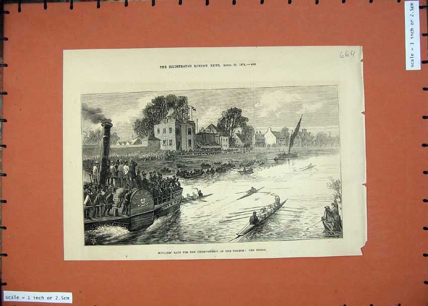 Old Antique Print 1874 Sculler'S Race Championship River Thames Boats Men 19th