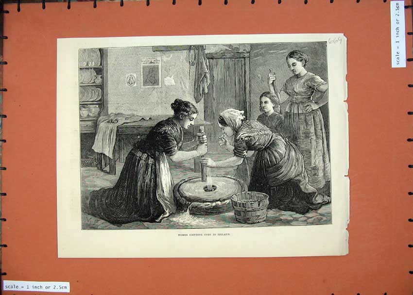 Old Antique Print Women Grinding Corn Ireland 1874 Basket House Fine Art 19th