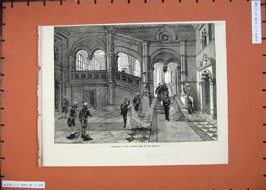 Original Old Antique Print 1874 Staircase Ancient Part Kremlin Moscow Fine Art