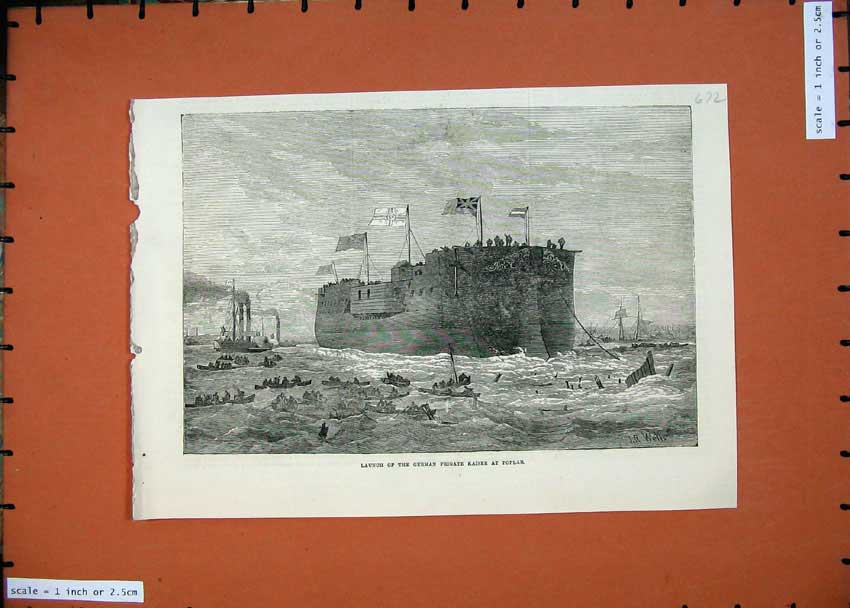 Original Old Antique Print *0206 1874 Launch German Frigate Kaiser Poplar Ship