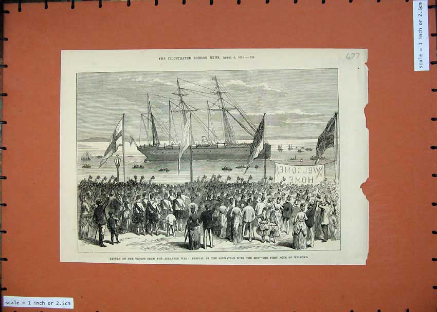 Original Old Antique Print 1874 Troops Ship Ashantee War Sarmatian Sailing 19th