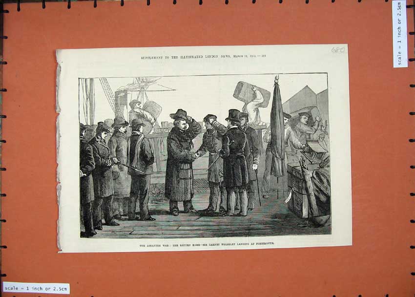 Original Old Antique Print 1874 Ashantee War Sir Garnet Wolseley Portsmouth Art