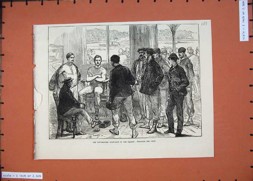 Original Old Antique Print 1874 Universities Boat Race Thames Weighing Crew Men