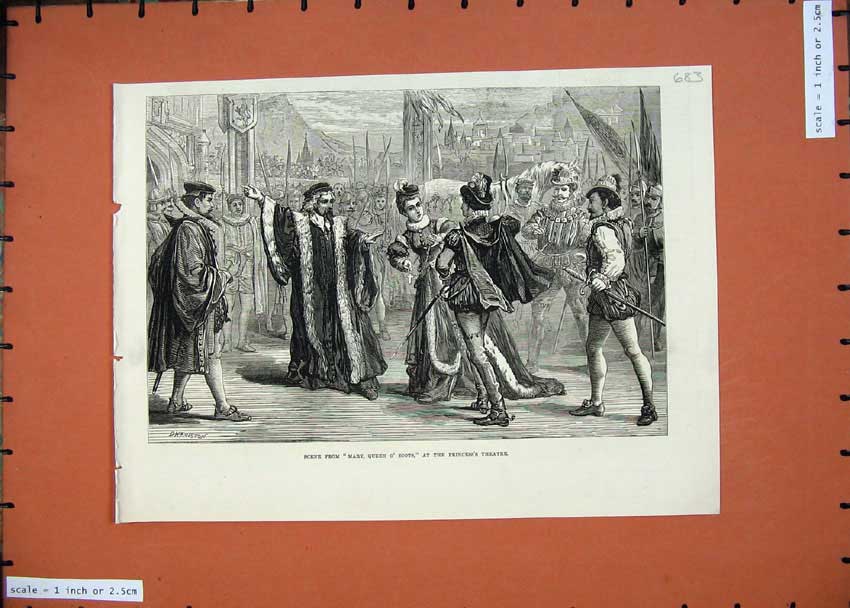 Original Old Antique Print Scene Mary Queen Scots 1874 Princess Theatre Men