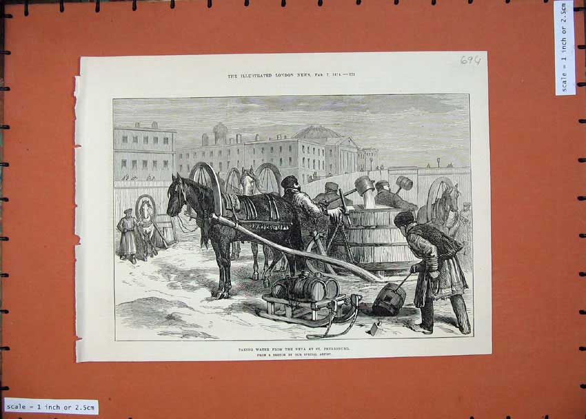 Old Antique Print 1874 Horse Cart Taking Water Neva St Petersburg Moscow 19th
