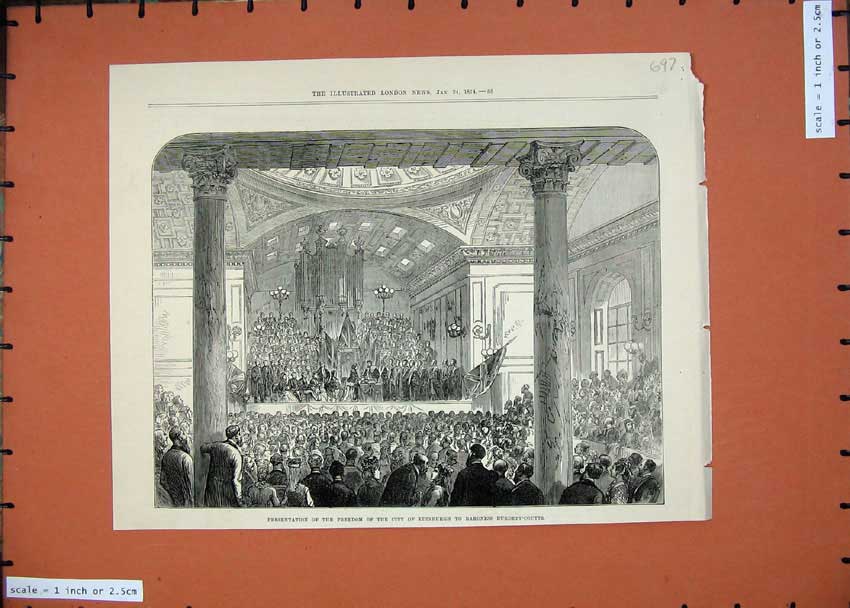Old Antique Print 1874 Freedom City Edinburgh Baroness Burdett-Coutts Art 19th