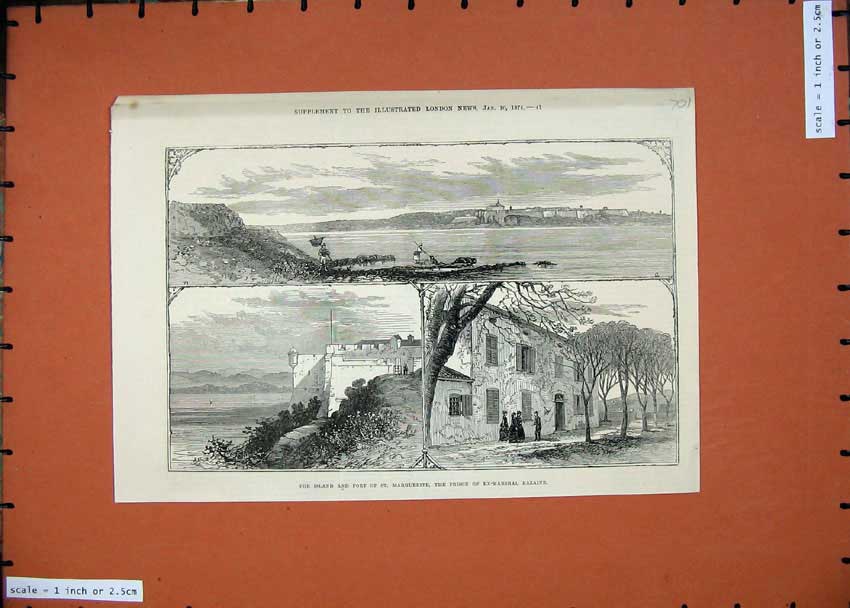 Old Antique Print Island Fort Marguerite Prison Ex-Marshal Bazaine 1874 19th
