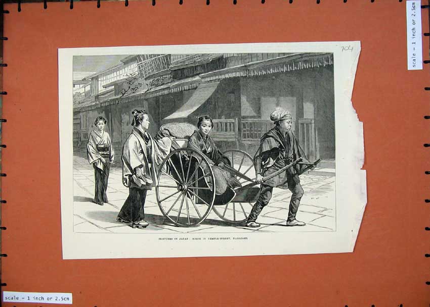 Original Old Antique Print 1874 Japan Scene Temple-Street Nagasaki Men Carriage