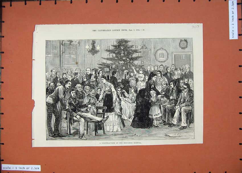 Old Antique Print 1874 Christmas Tree Middlesex Hospital Nurses Patients 19th