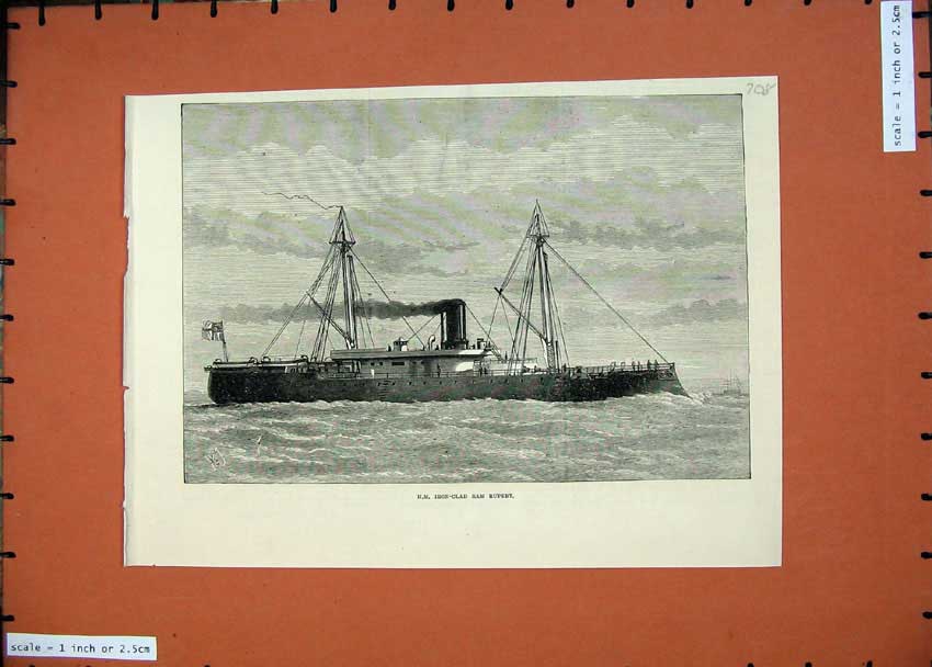 Old Antique Print 1874 H.M Sailing War Ship Iron-Clad Ram Rupert Fine Art 19th