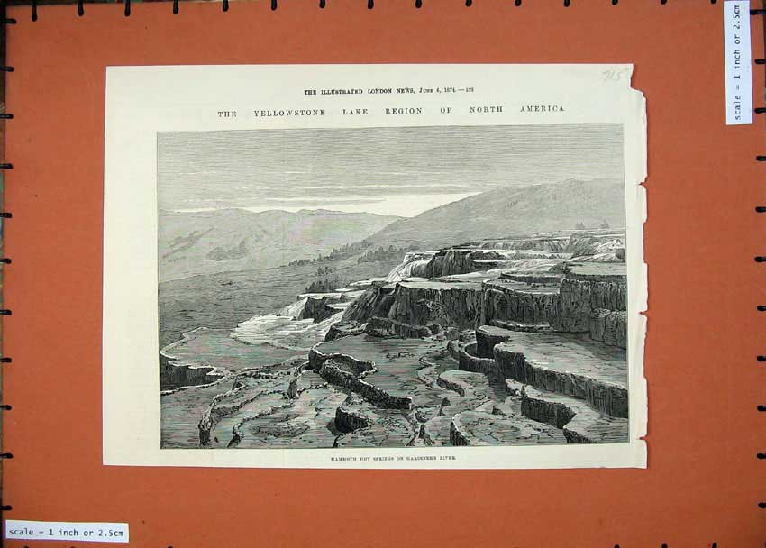 Old Antique Print 1874 Yellowstone Lake Mammoth Hot Spring Gardiner River 19th